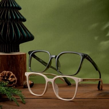 Eco-friendly eyewear on wooden table with a sustainable aesthetic.