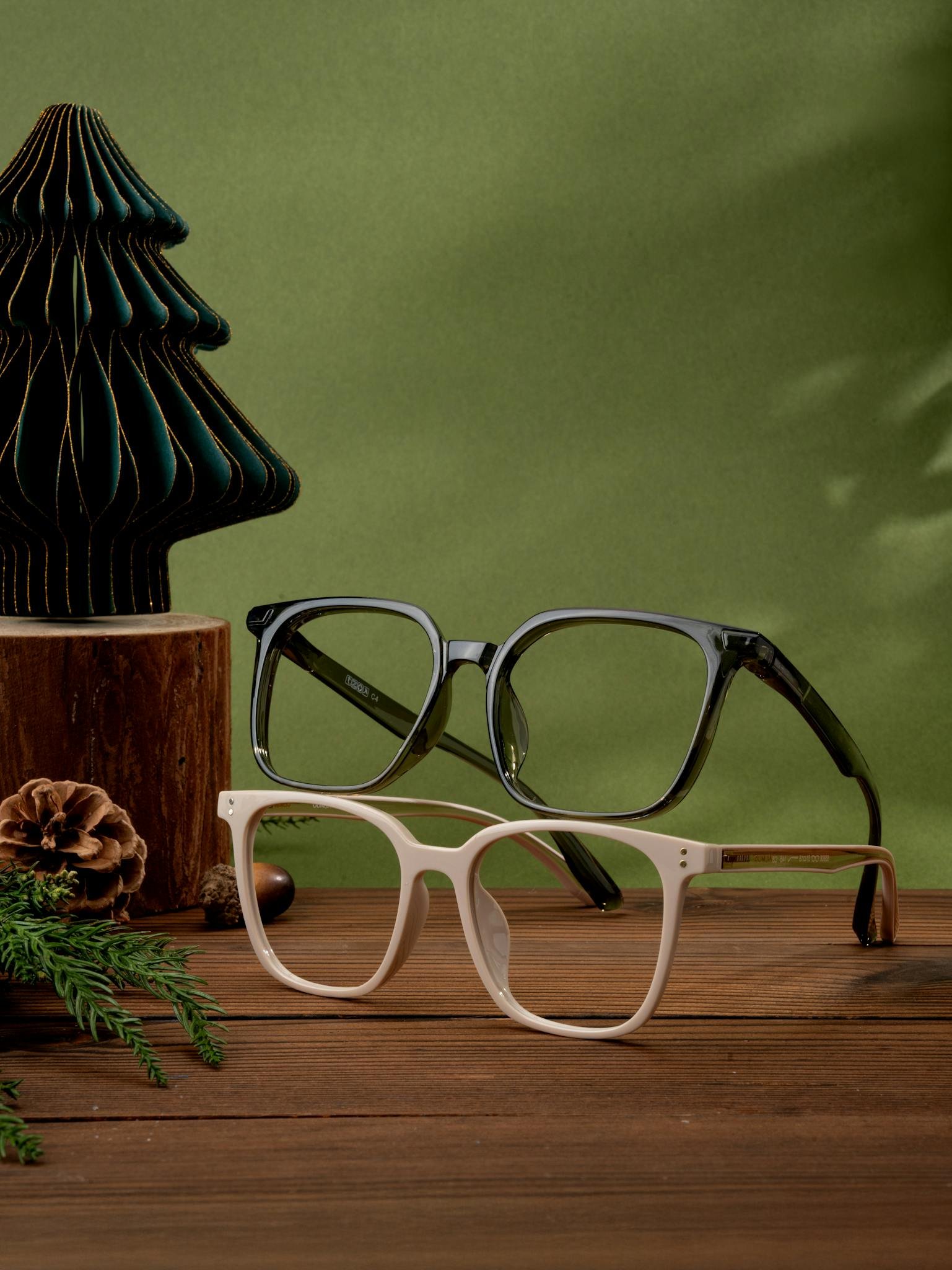 Eco-friendly eyewear on wooden table with a sustainable aesthetic.